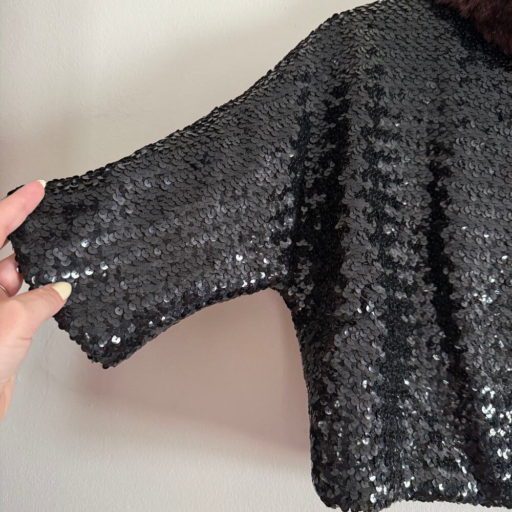1960s Vintage Mink Fur Trimmed Sequin Cropped Evening Jacket | Medium - Picture 3 of 8